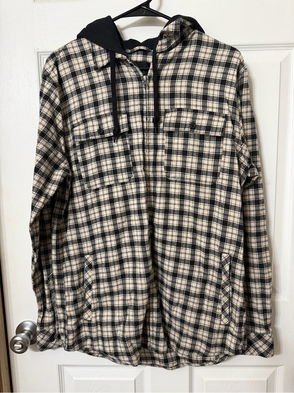 Men's Black & Cream Plaid Hooded Zip Shirt Jacket